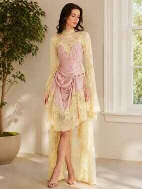 Pink Yellow Lace Layered High Low Dress